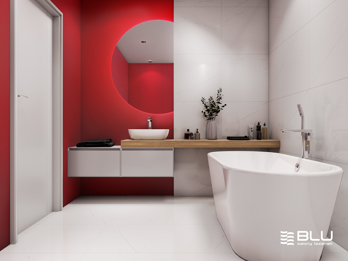 Biało - czerwona łazienka z jasną ceramiką IÖ.